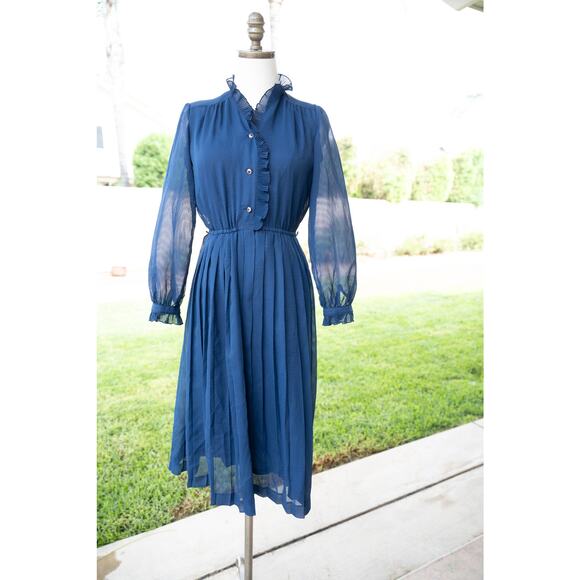 Vintage Navy Blue Sheer Cottage Core Prairie Dress Halloween Costume - Picture 7 of 10